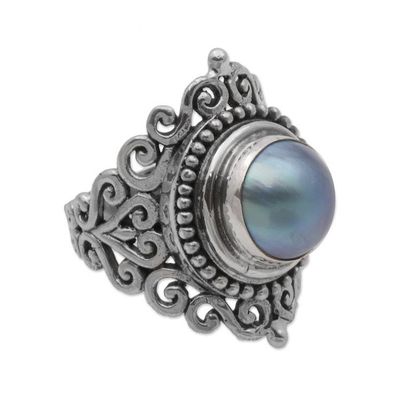 Alternate image for Dark 925 Silver Cultured Mabe Pearl Cocktail Ring from Bali Dark Love Vines