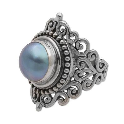 Alternate image for Dark 925 Silver Cultured Mabe Pearl Cocktail Ring from Bali Dark Love Vines