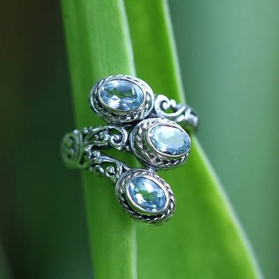 Primary image for Silver Cocktail Ring with Three Oval Blue Topaz Gemstones Tranquility Roots