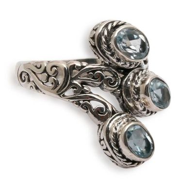 Alternate image for Silver Cocktail Ring with Three Oval Blue Topaz Gemstones Tranquility Roots