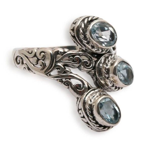 Alternate image for Silver Cocktail Ring with Three Oval Blue Topaz Gemstones Tranquility Roots