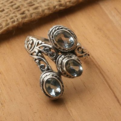 Alternate image for Silver Cocktail Ring with Three Oval Blue Topaz Gemstones Tranquility Roots