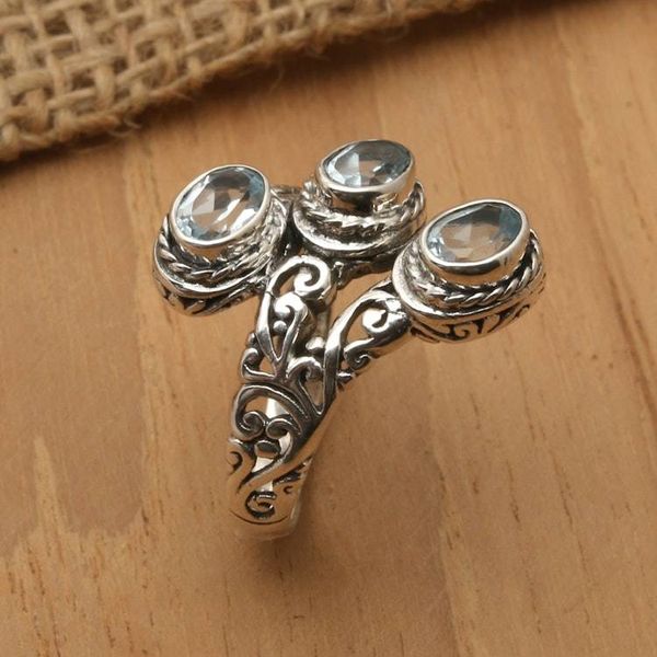 Alternate image for Silver Cocktail Ring with Three Oval Blue Topaz Gemstones Tranquility Roots