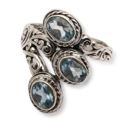 Alternate image for Silver Cocktail Ring with Three Oval Blue Topaz Gemstones Tranquility Roots