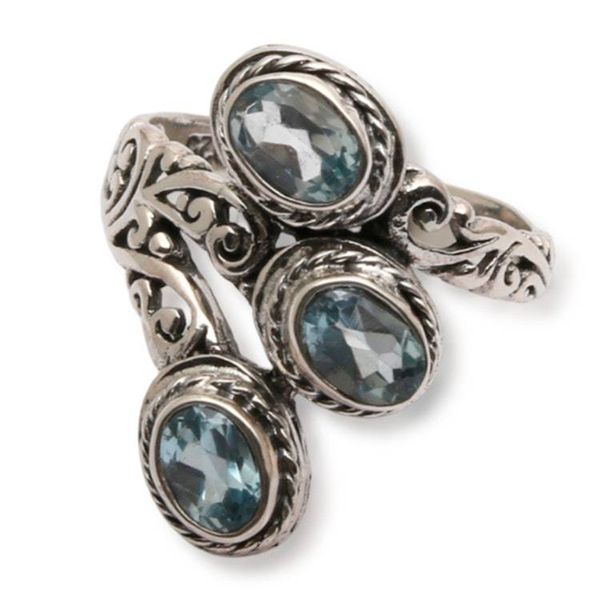 Alternate image for Silver Cocktail Ring with Three Oval Blue Topaz Gemstones Tranquility Roots