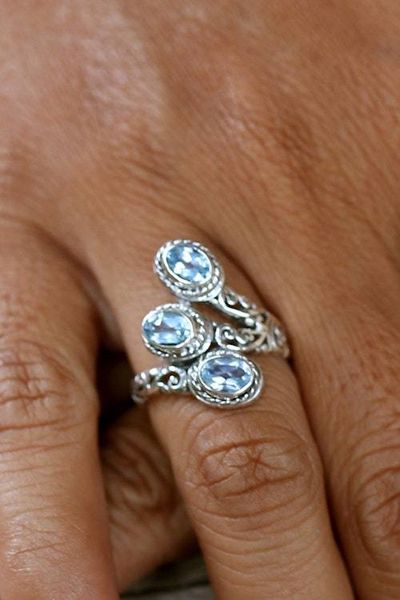 Alternate image for Silver Cocktail Ring with Three Oval Blue Topaz Gemstones Tranquility Roots