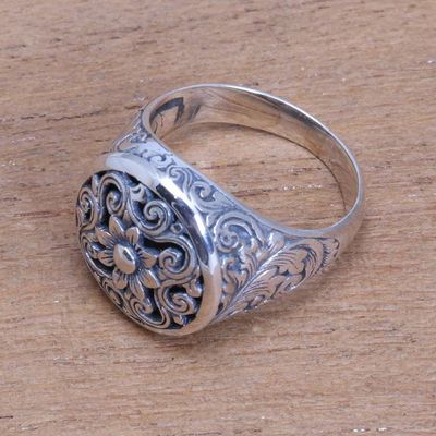 Primary image for Circular Floral Sterling Silver Signet Ring from Bali Traditional Garden