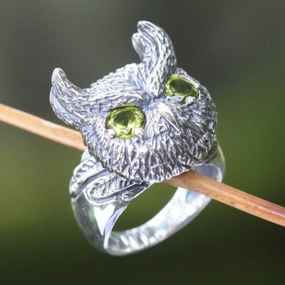 Primary image for Hand Crafted Sterling Silver and Peridot Cocktail Ring Mysterious Owl