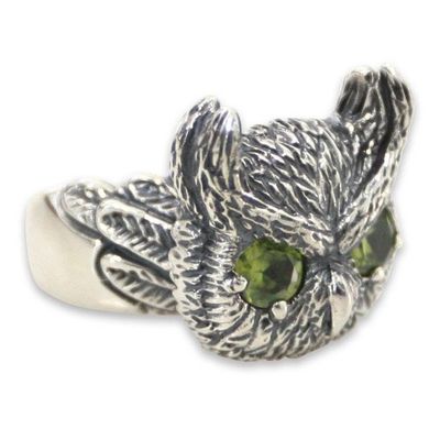 Alternate image for Hand Crafted Sterling Silver and Peridot Cocktail Ring Mysterious Owl
