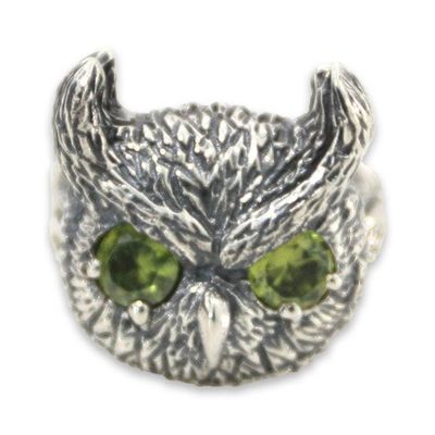 Alternate image for Hand Crafted Sterling Silver and Peridot Cocktail Ring Mysterious Owl