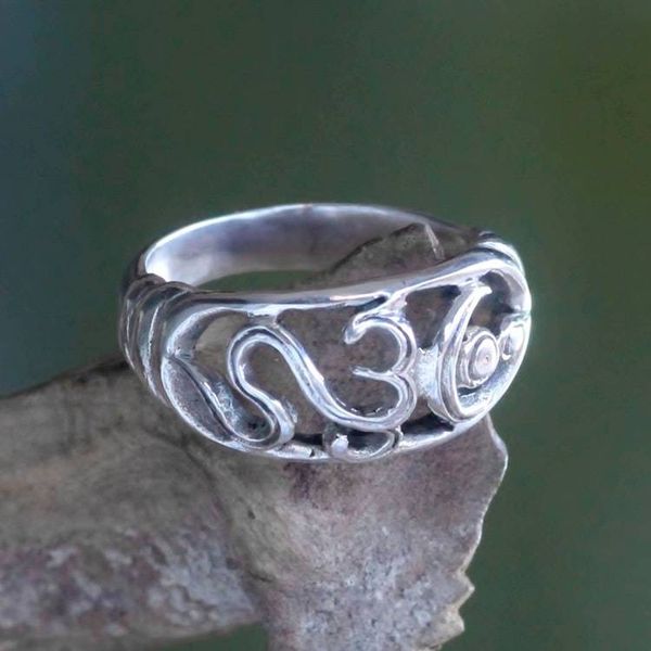 Alternate image for Womens Handmade Om Symbol Silver Band Ring Sukawati Om Kara