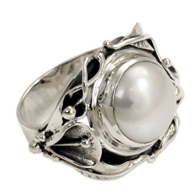 Alternate image for Handcrafted Silver and Pearl Cocktail Ring Nest of Lilies