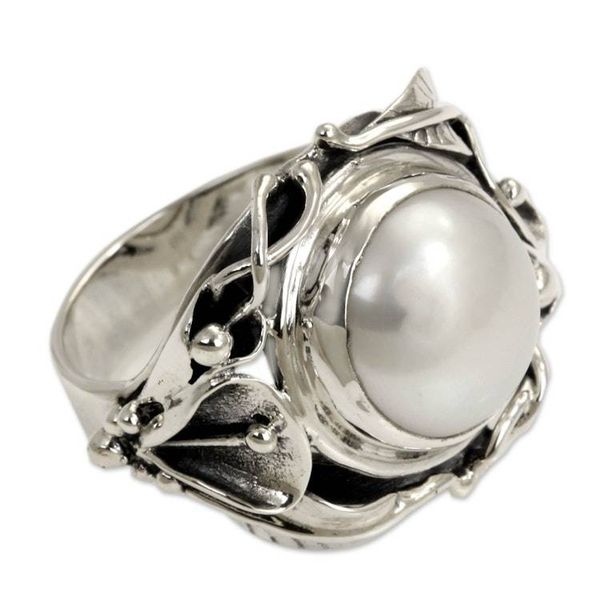 Alternate image for Handcrafted Silver and Pearl Cocktail Ring Nest of Lilies