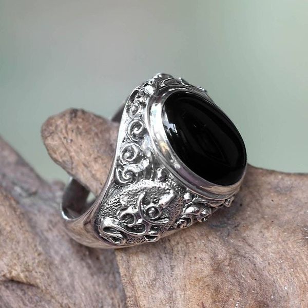 Alternate image for Handcrafted Onyx and Sterling Silver Om Ring for Men Black Om Kara