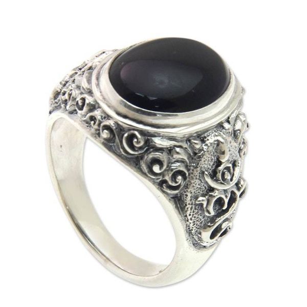 Alternate image for Handcrafted Onyx and Sterling Silver Om Ring for Men Black Om Kara