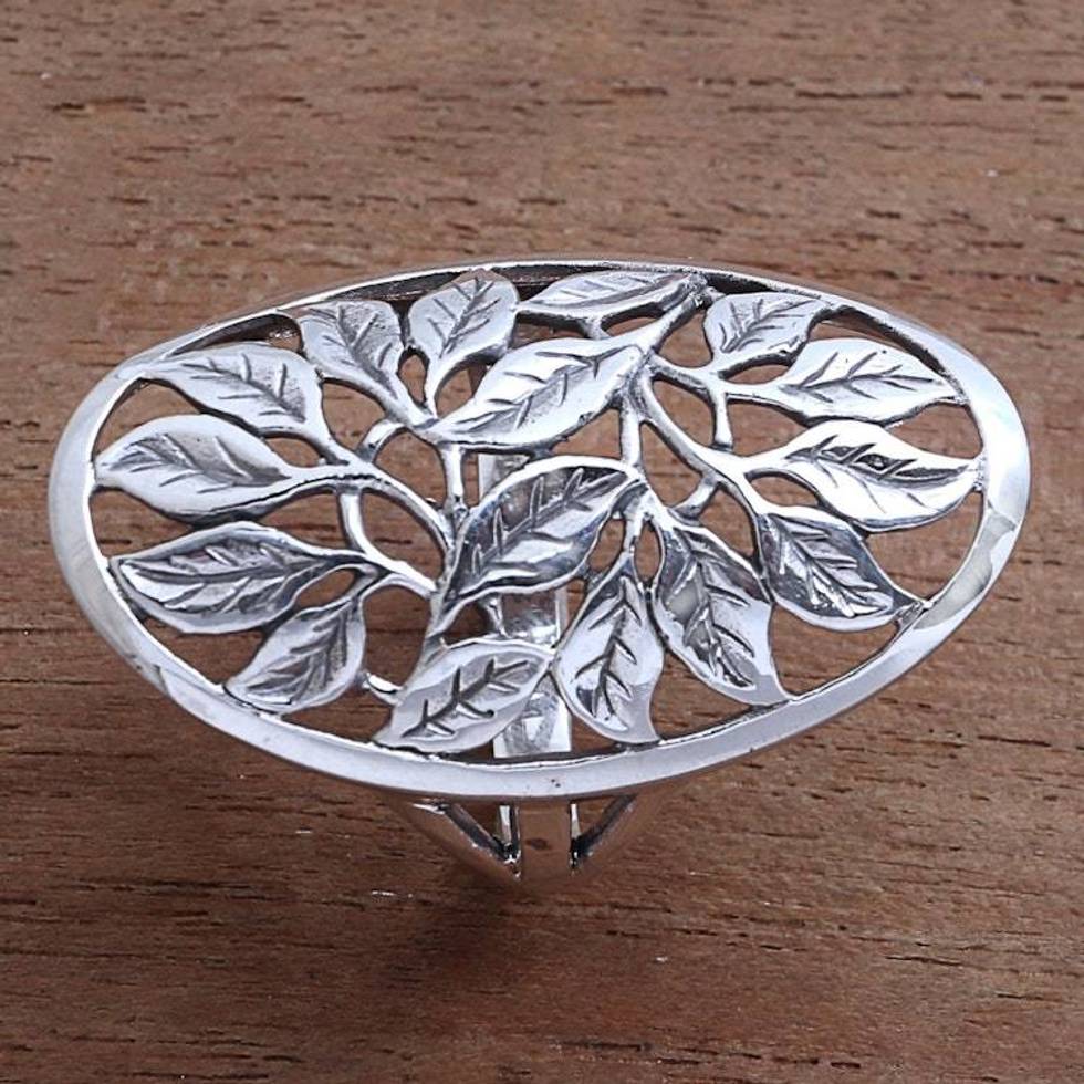 Leaf Motif Sterling Silver Cocktail Ring from Bali 'Many Leaves'