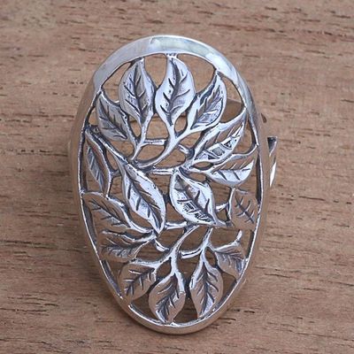 Alternate image for Leaf Motif Sterling Silver Cocktail Ring from Bali Many Leaves