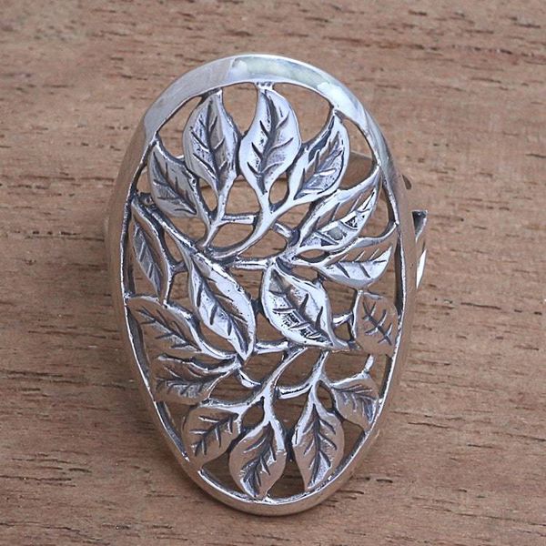 Alternate image for Leaf Motif Sterling Silver Cocktail Ring from Bali Many Leaves