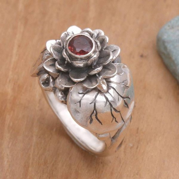 Alternate image for Garnet and Sterling Silver Flower Ring Lotus Purity