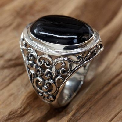 Alternate image for Mens Handmade Sterling Silver and Onyx Ring Song of the Night