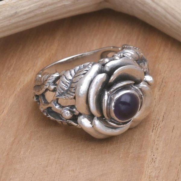 Alternate image for Hand Crafted Floral Sterling Silver and Amethyst Ring Rose of Peace
