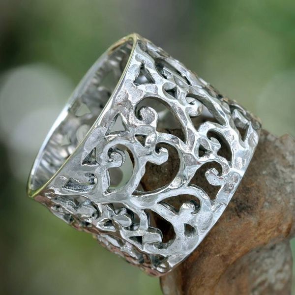Alternate image for Handmade Floral Sterling Silver Band Ring Exotic Bali
