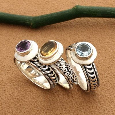 Alternate image for Balinese Folk Art-Themed 1-Carat 3-Piece Birthstone Ring Set Fantastic Lands