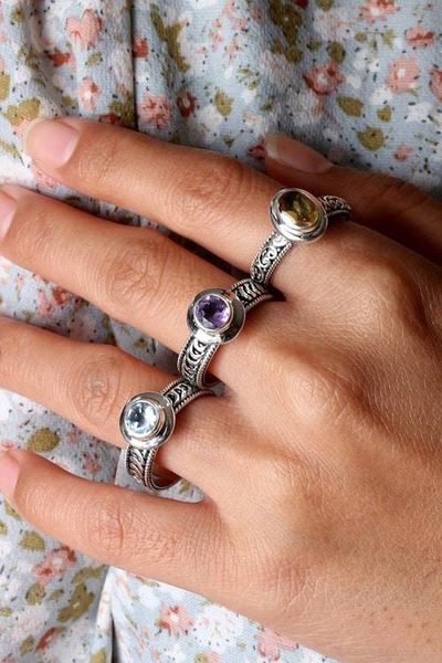 Alternate image for Balinese Folk Art-Themed 1-Carat 3-Piece Birthstone Ring Set Fantastic Lands