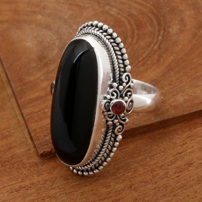 Alternate image for Onyx Sterling Silver Cocktail Ring with Garnet Gemstones Dark Dazzle