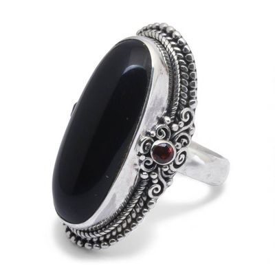 Alternate image for Onyx Sterling Silver Cocktail Ring with Garnet Gemstones Dark Dazzle