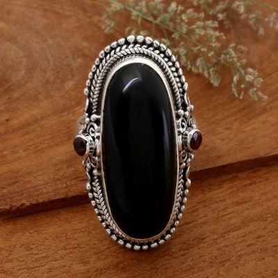 Alternate image for Onyx Sterling Silver Cocktail Ring with Garnet Gemstones Dark Dazzle