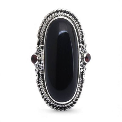 Alternate image for Onyx Sterling Silver Cocktail Ring with Garnet Gemstones Dark Dazzle