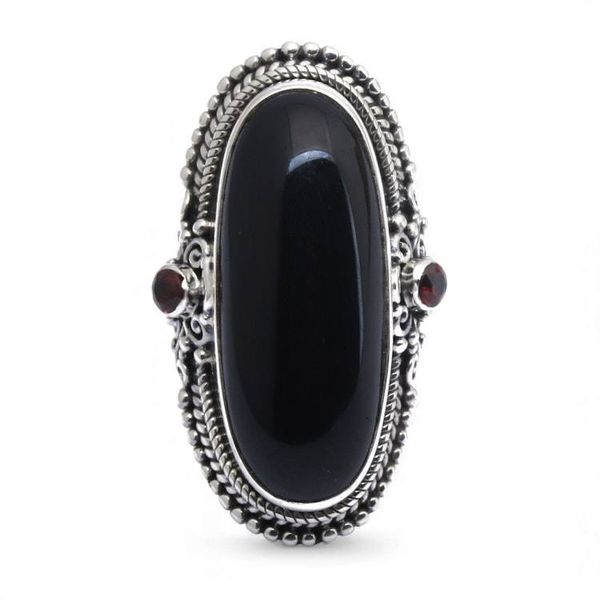 Alternate image for Onyx Sterling Silver Cocktail Ring with Garnet Gemstones Dark Dazzle