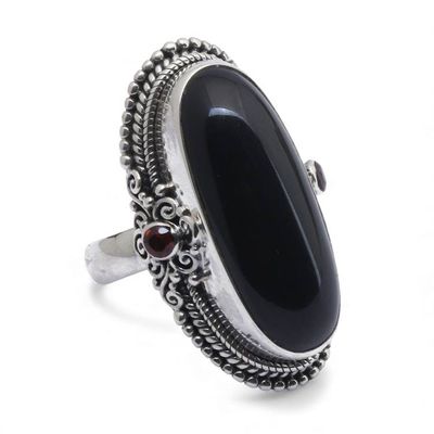 Alternate image for Onyx Sterling Silver Cocktail Ring with Garnet Gemstones Dark Dazzle