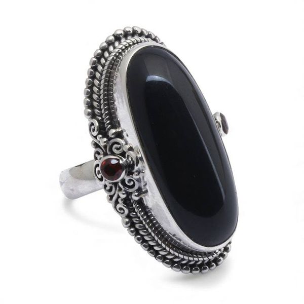 Alternate image for Onyx Sterling Silver Cocktail Ring with Garnet Gemstones Dark Dazzle