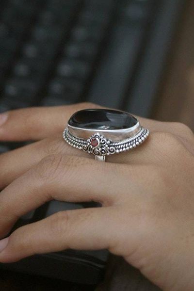 Alternate image for Onyx Sterling Silver Cocktail Ring with Garnet Gemstones Dark Dazzle