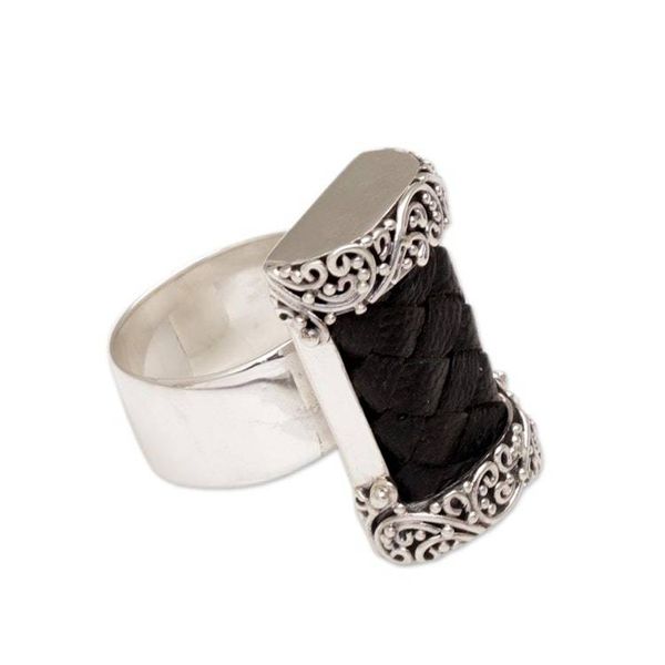 Alternate image for Cocktail Ring with Woven Leather and Sterling Silver Strength and Grace