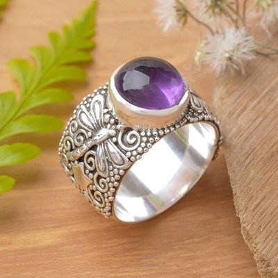 Alternate image for Polished and Oxidized Dragonfly Cocktail Ring with Amethyst Dragonfly Arcadia