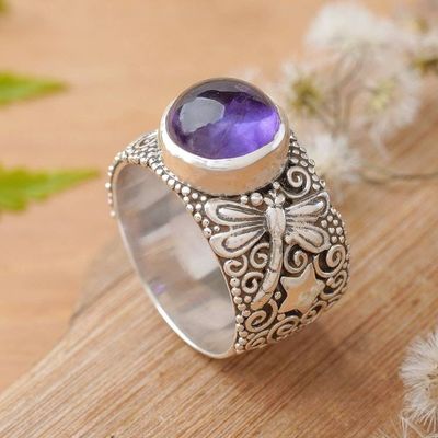 Alternate image for Polished and Oxidized Dragonfly Cocktail Ring with Amethyst Dragonfly Arcadia