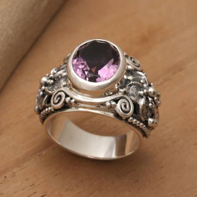 Alternate image for Floral Sterling Silver and Faceted Amethyst Ring from Bali Lilac Frangipani