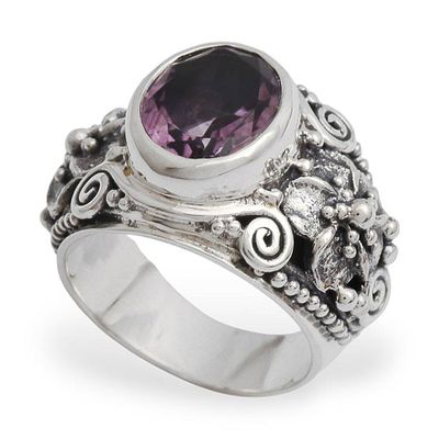 Alternate image for Floral Sterling Silver and Faceted Amethyst Ring from Bali Lilac Frangipani
