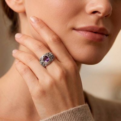 Alternate image for Floral Sterling Silver and Faceted Amethyst Ring from Bali Lilac Frangipani