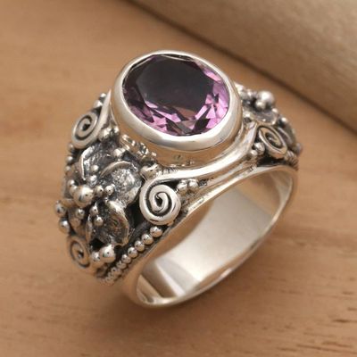 Alternate image for Floral Sterling Silver and Faceted Amethyst Ring from Bali Lilac Frangipani