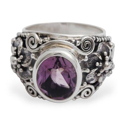 Alternate image for Floral Sterling Silver and Faceted Amethyst Ring from Bali Lilac Frangipani