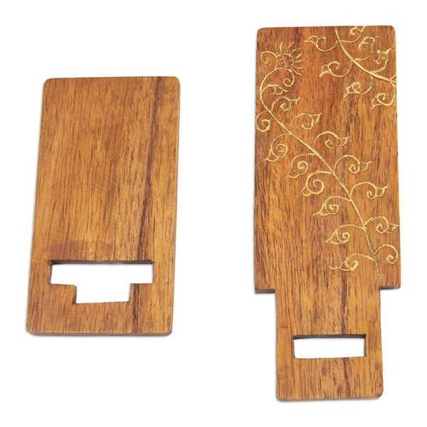 Alternate image for Hand-Carved and Painted Wood Phone Stand with Floral Motif Glitter Flower