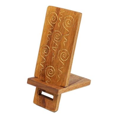 Alternate image for Hand-Carved and Painted Wood Phone Stand with Spiral Motifs Hypnotic Spirals