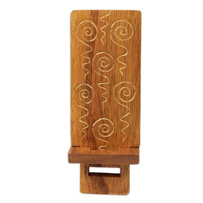 Alternate image for Hand-Carved and Painted Wood Phone Stand with Spiral Motifs Hypnotic Spirals