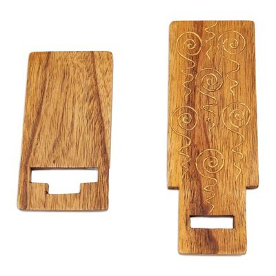 Alternate image for Hand-Carved and Painted Wood Phone Stand with Spiral Motifs Hypnotic Spirals