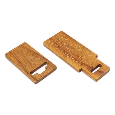 Alternate image for Hand-Carved and Painted Wood Phone Stand with Spiral Motifs Hypnotic Spirals