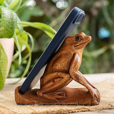 Primary image for Balinese Handcrafted Frog-Themed Jempinis Wood Phone Stand Pensive Frog